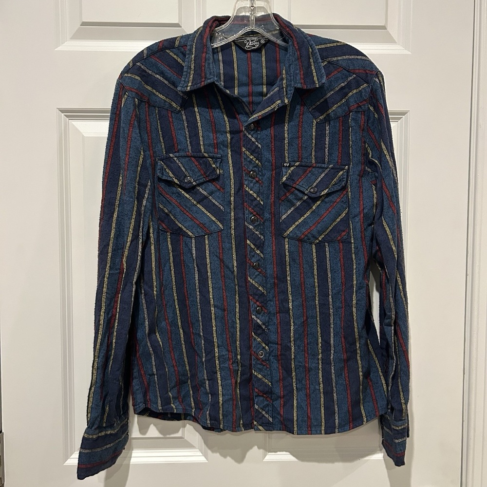 Salt Valley Western Men's Medium Pearl Snap Stipe Shirt Lightweight Flannel FLAW